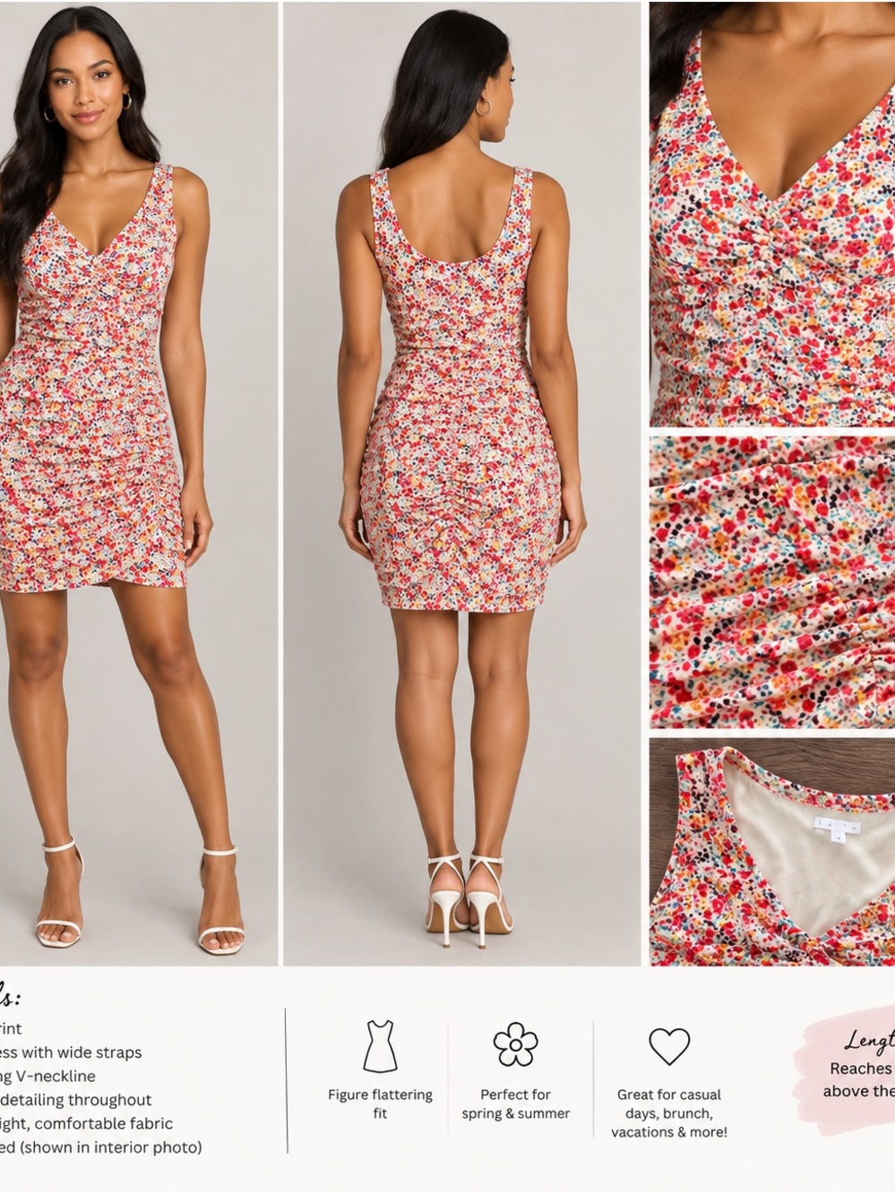Sleeveless Floral V-Neck Ruched Mini Dress - Multicolor